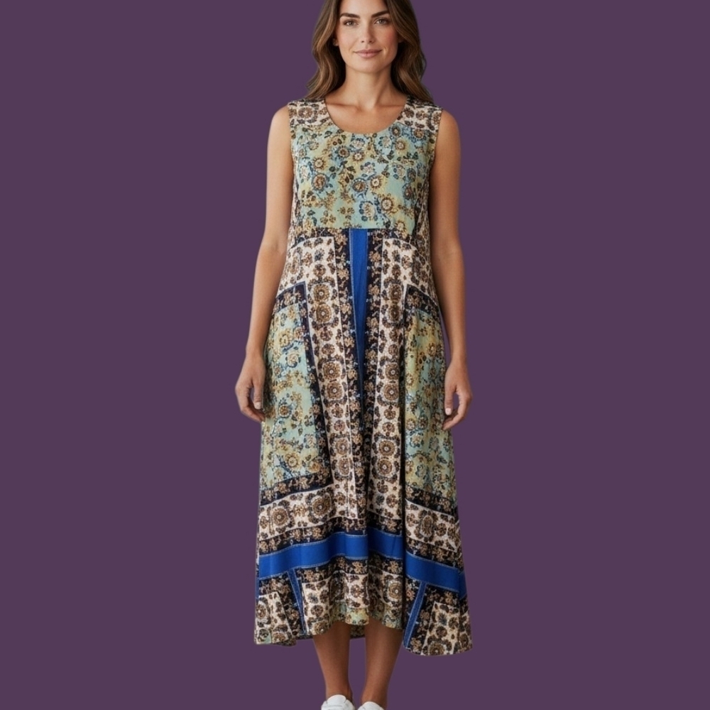 ONE WORLD Floral Colorblock Patchwork Sleeveless Shift Midi Dress